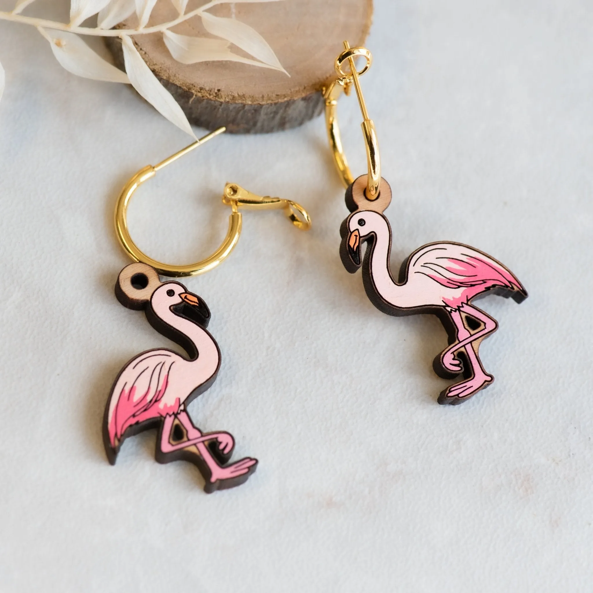 Hand-Painted Cherry Wood Flamingo Hoop Earrings - PEB12036