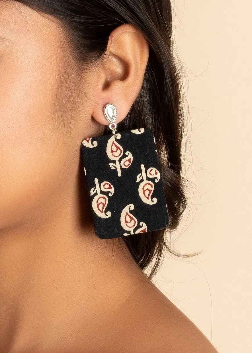 Handmade Ajrakh Design Fabric with German Silver Stud Earrings - Non-Allergic Plating Jewelry, Perfect for Gifting