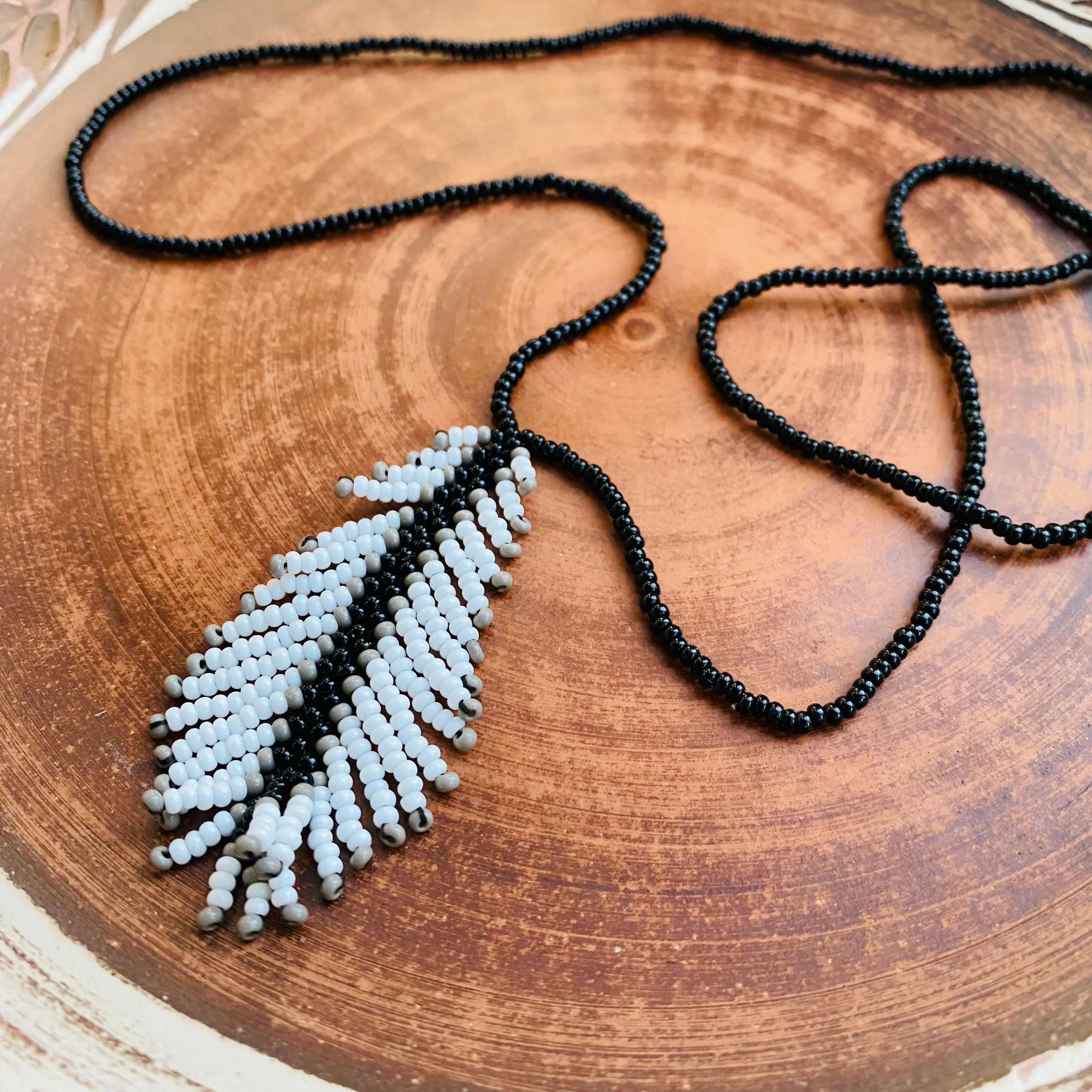 Handmade Black White Seed Beaded Feather Necklace for Women and Men in hippie boho style