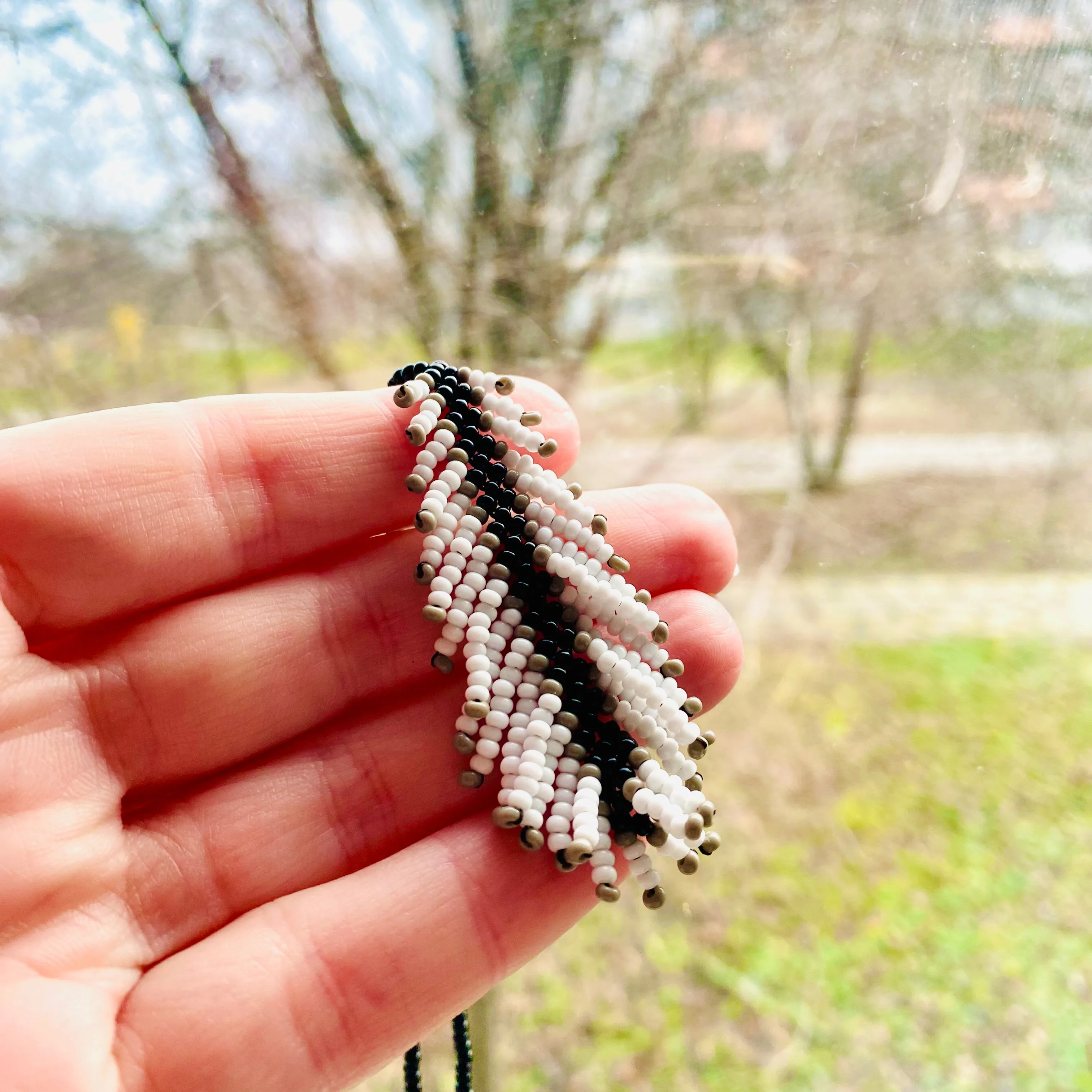 Handmade Black White Seed Beaded Feather Necklace for Women and Men in hippie boho style