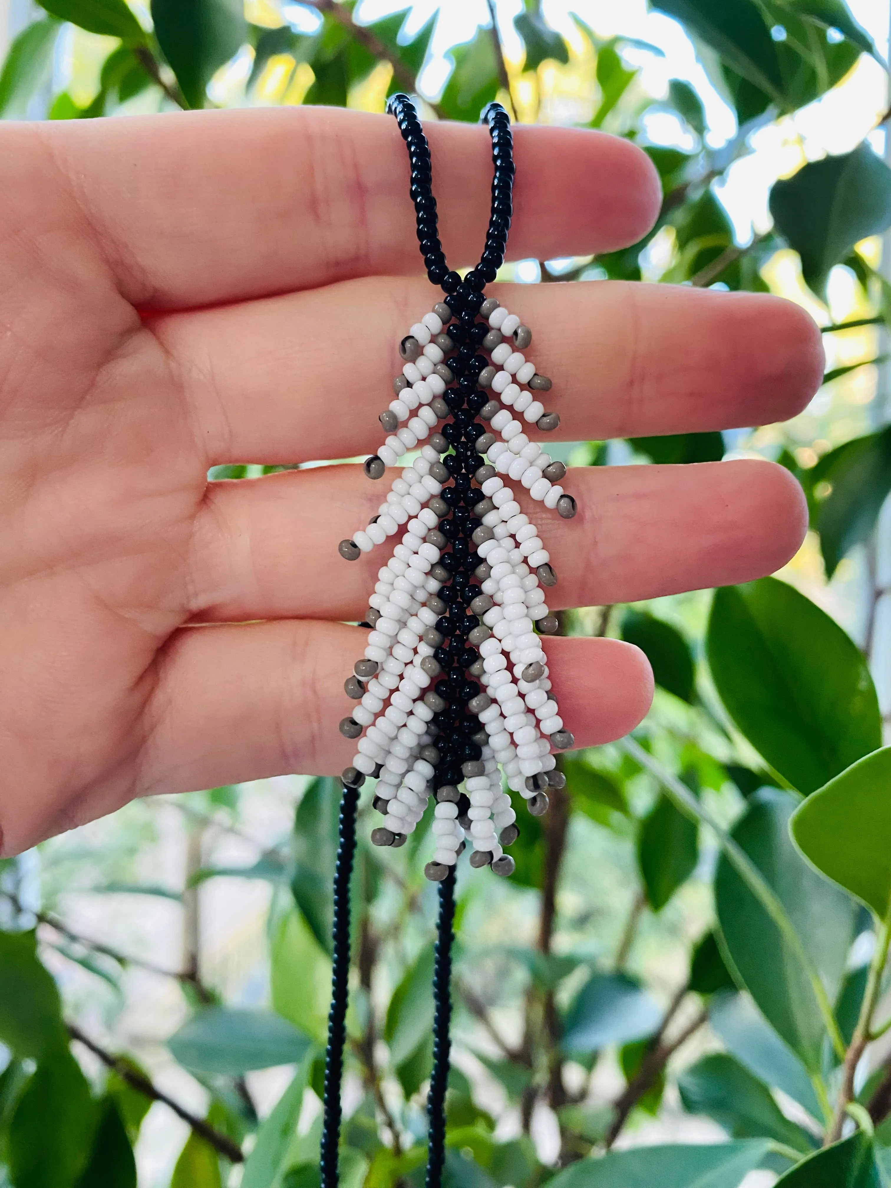 Handmade Black White Seed Beaded Feather Necklace for Women and Men in hippie boho style