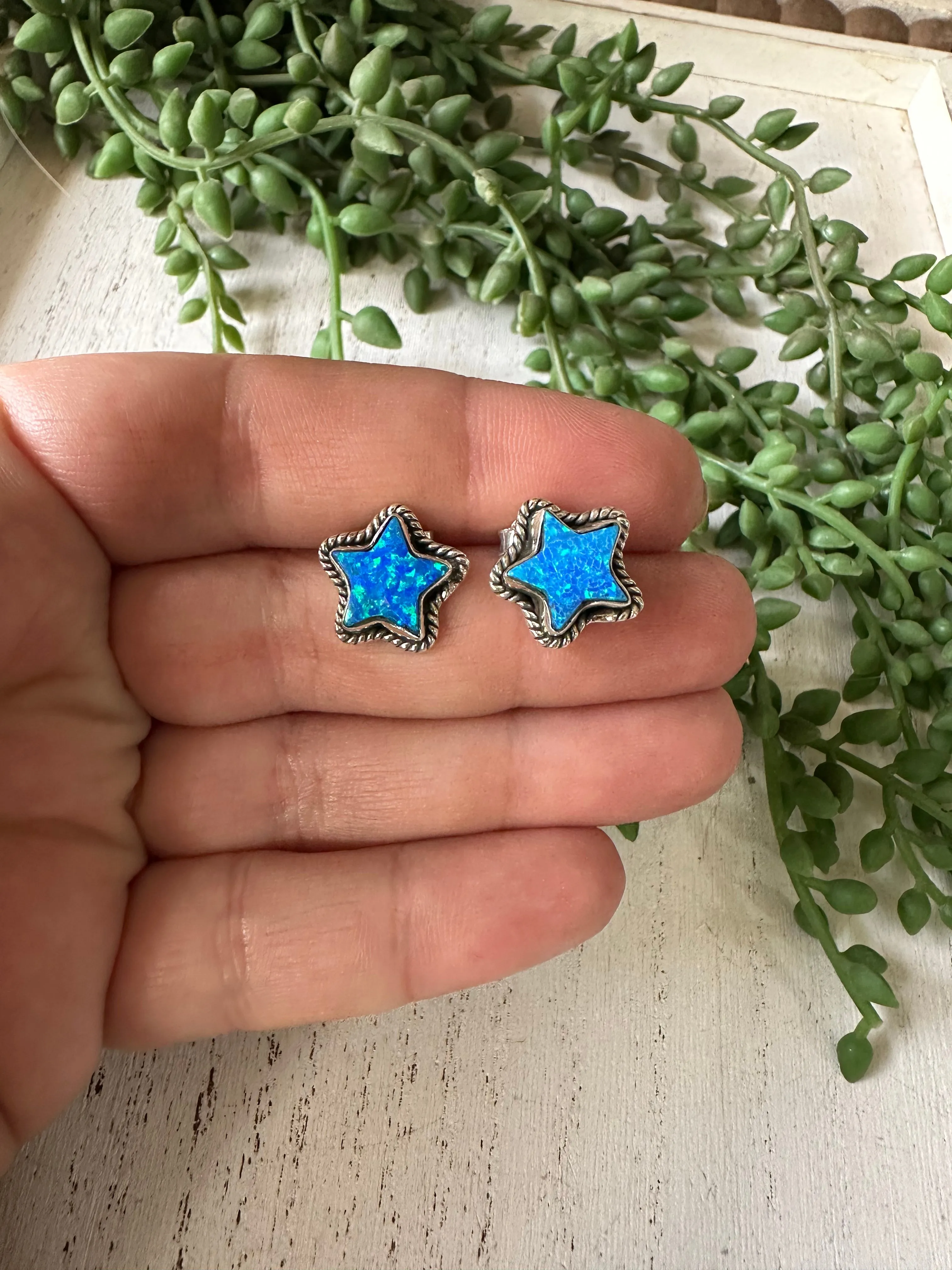 Handmade Blue Fire Opal And Sterling Silver Stud Star Earrings