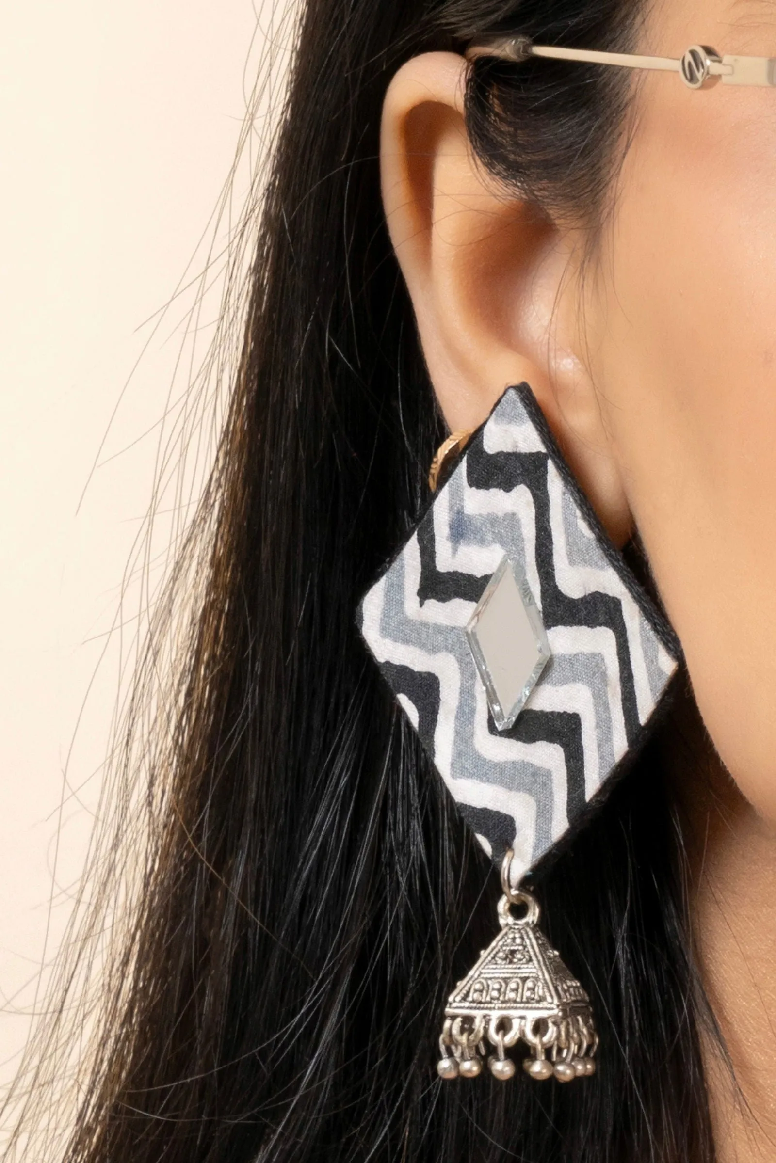 Handmade Gray Black Zigzag Cotton Fabric Stud with German Silver Jhumka Earrings