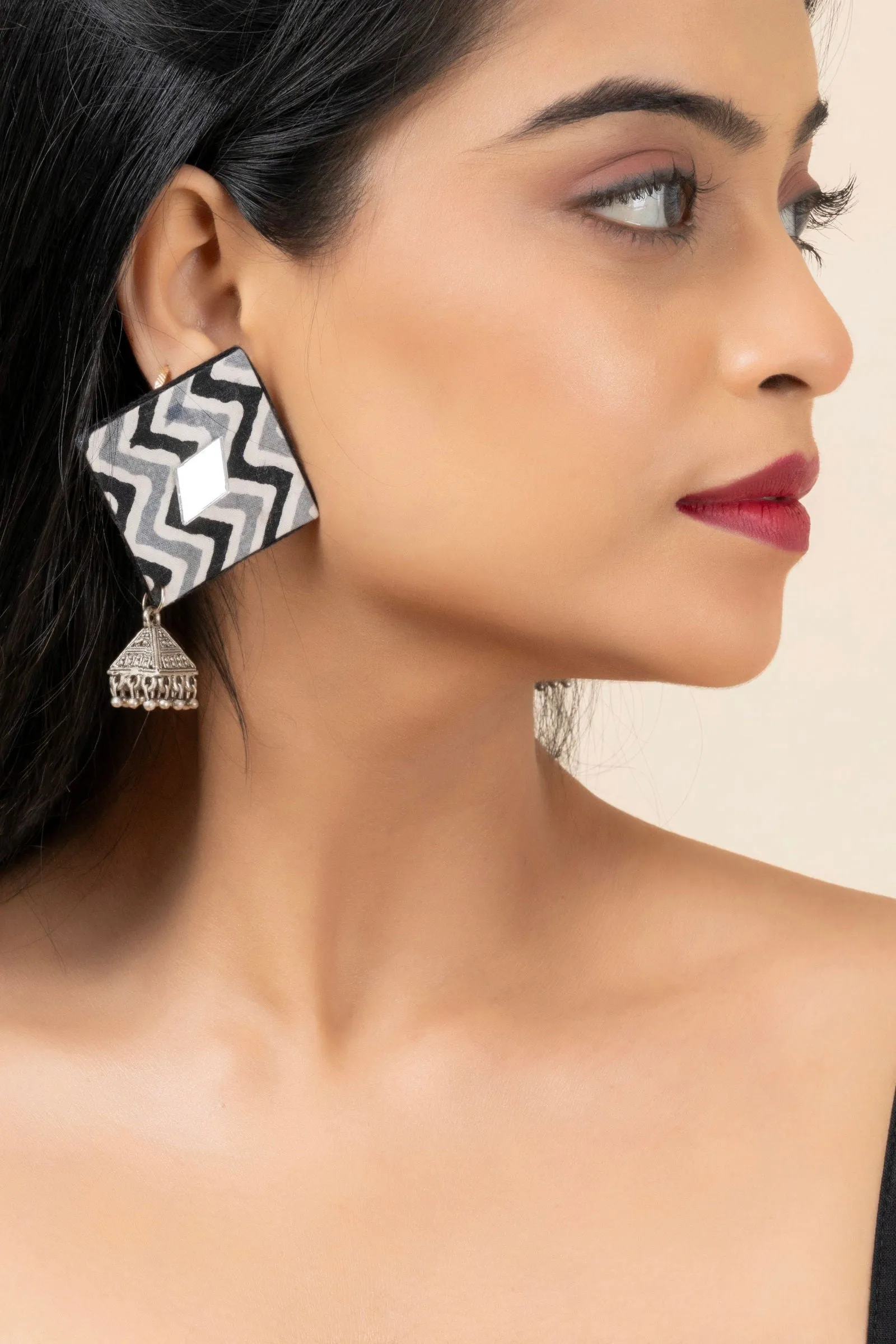 Handmade Gray Black Zigzag Cotton Fabric Stud with German Silver Jhumka Earrings