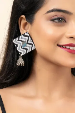 Handmade Gray Black Zigzag Cotton Fabric Stud with German Silver Jhumka Earrings