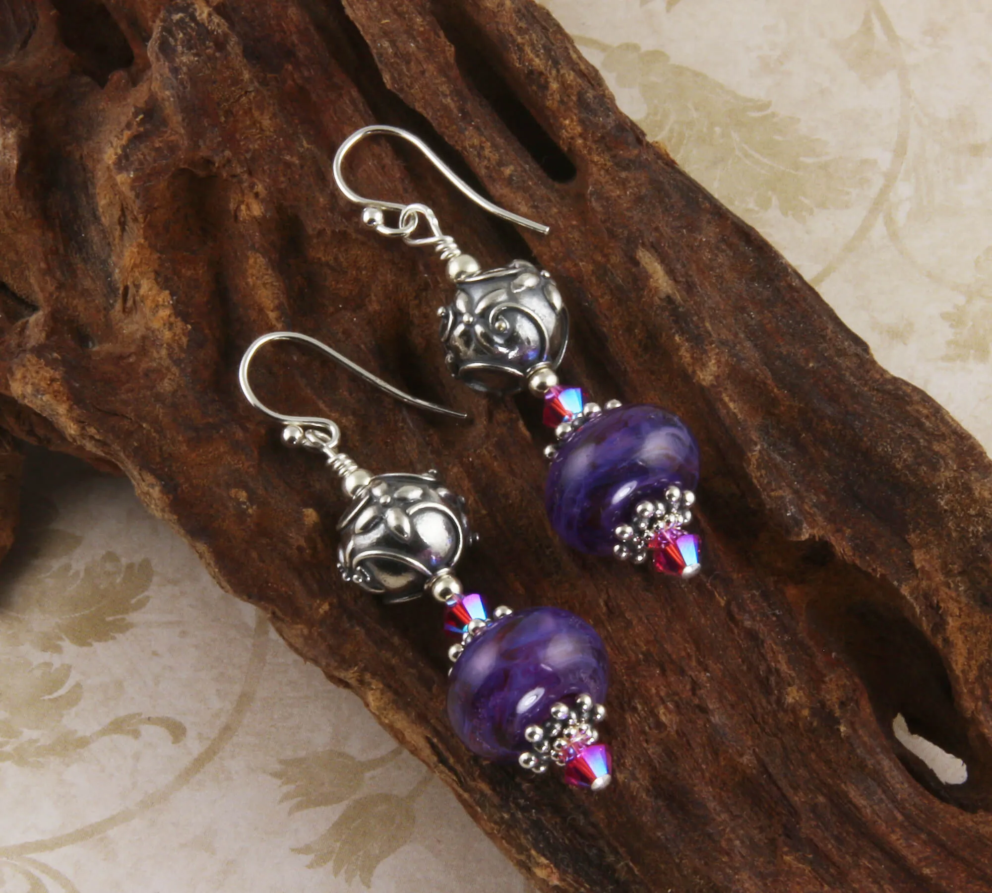 Handmade Purple Swirls Lampwork Earrings