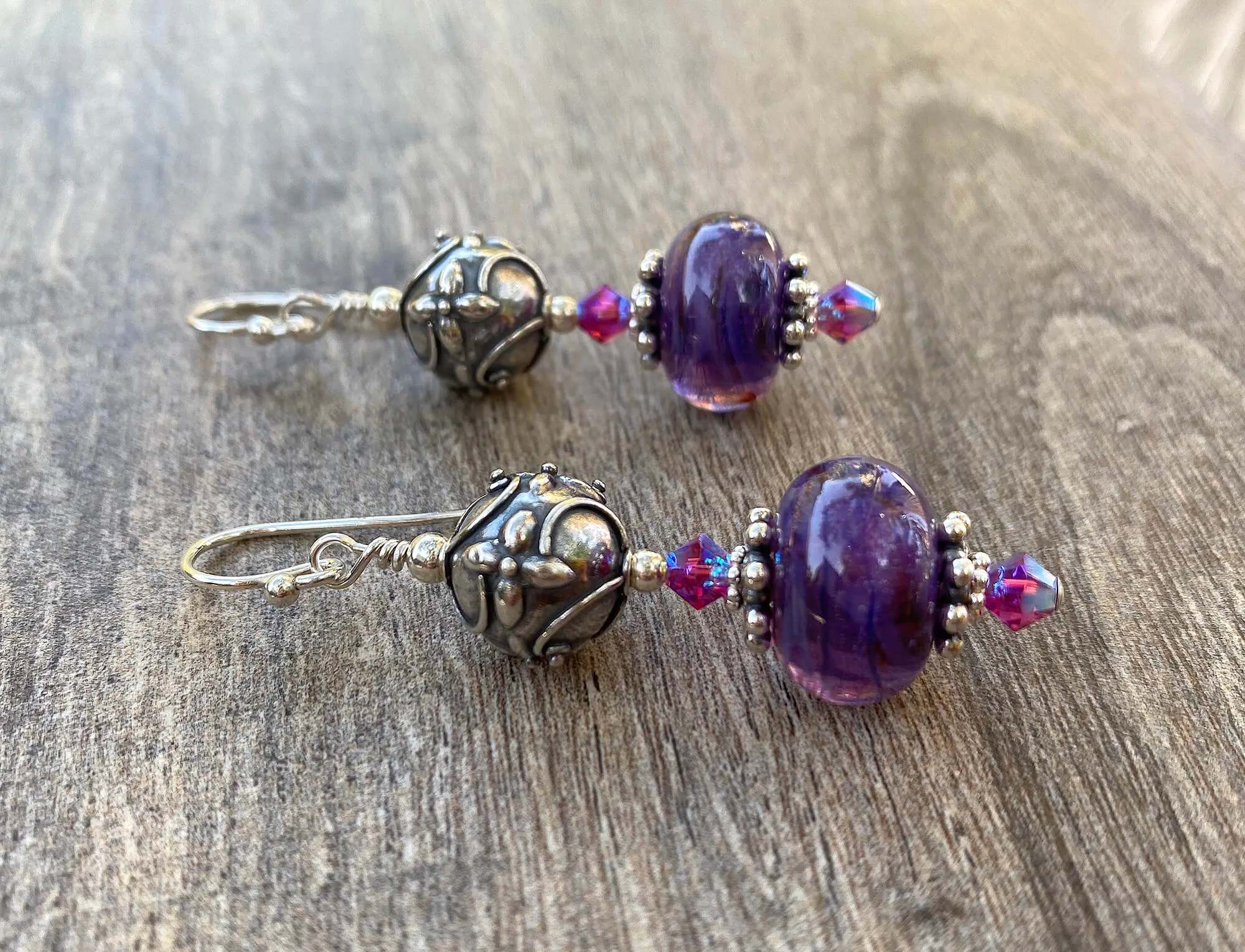 Handmade Purple Swirls Lampwork Earrings