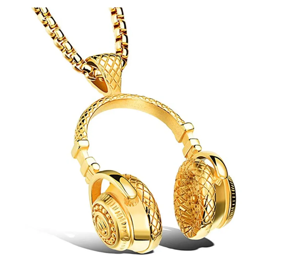 Headphone Necklace Music Disc Jockey Jewelry Hip Hop DJ Chain Gold Silver Color Metal Alloy 24in.