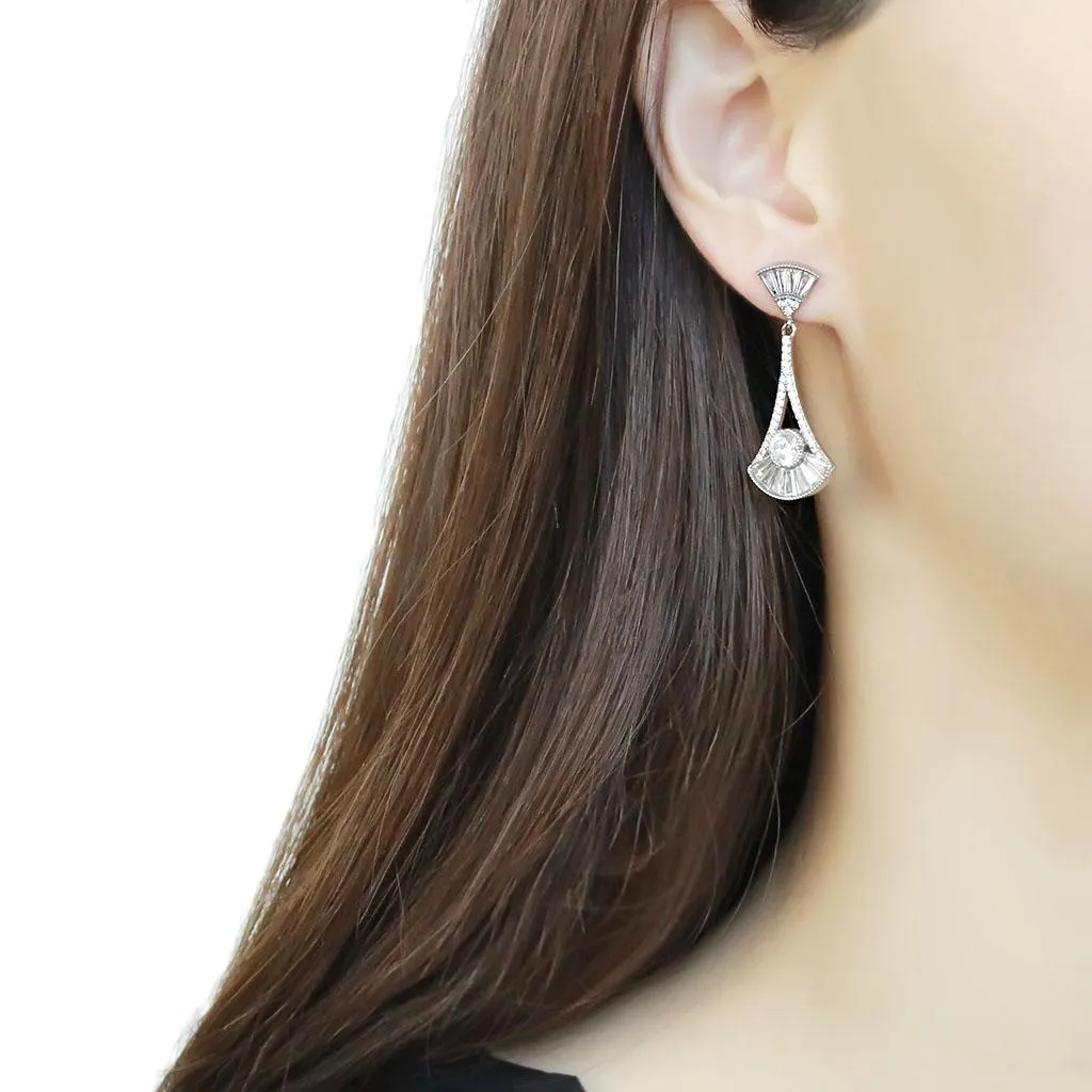 High polished (no plating) Stainless Steel Earrings with AAA Grade CZ in Clear for Women Clear Stone Color Style DA373