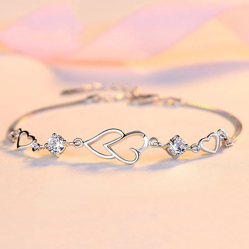 Hollow Double Heart with Zircon Silver Bracelet for Women