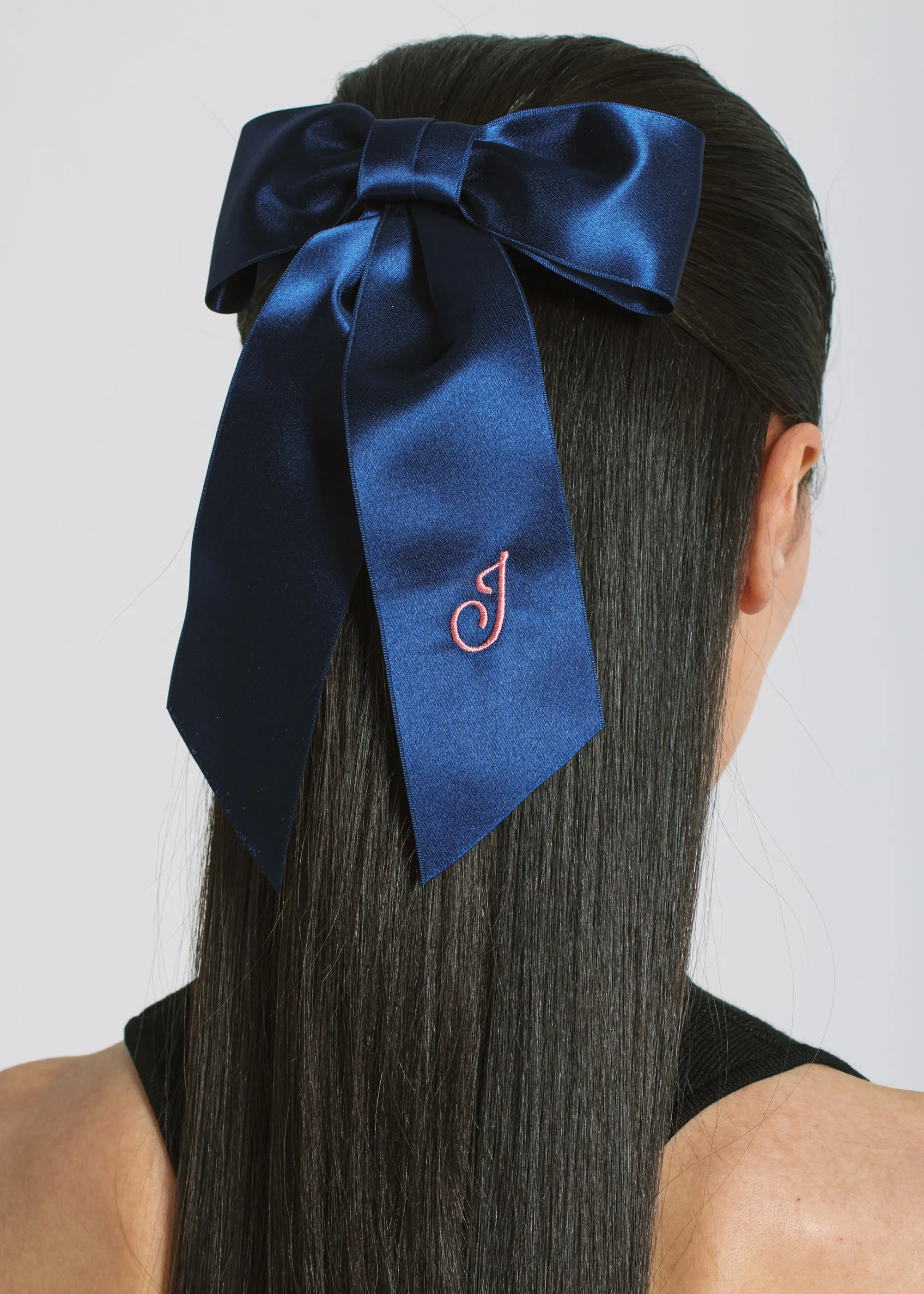 Initial April Satin Bow Barrette -- Navy