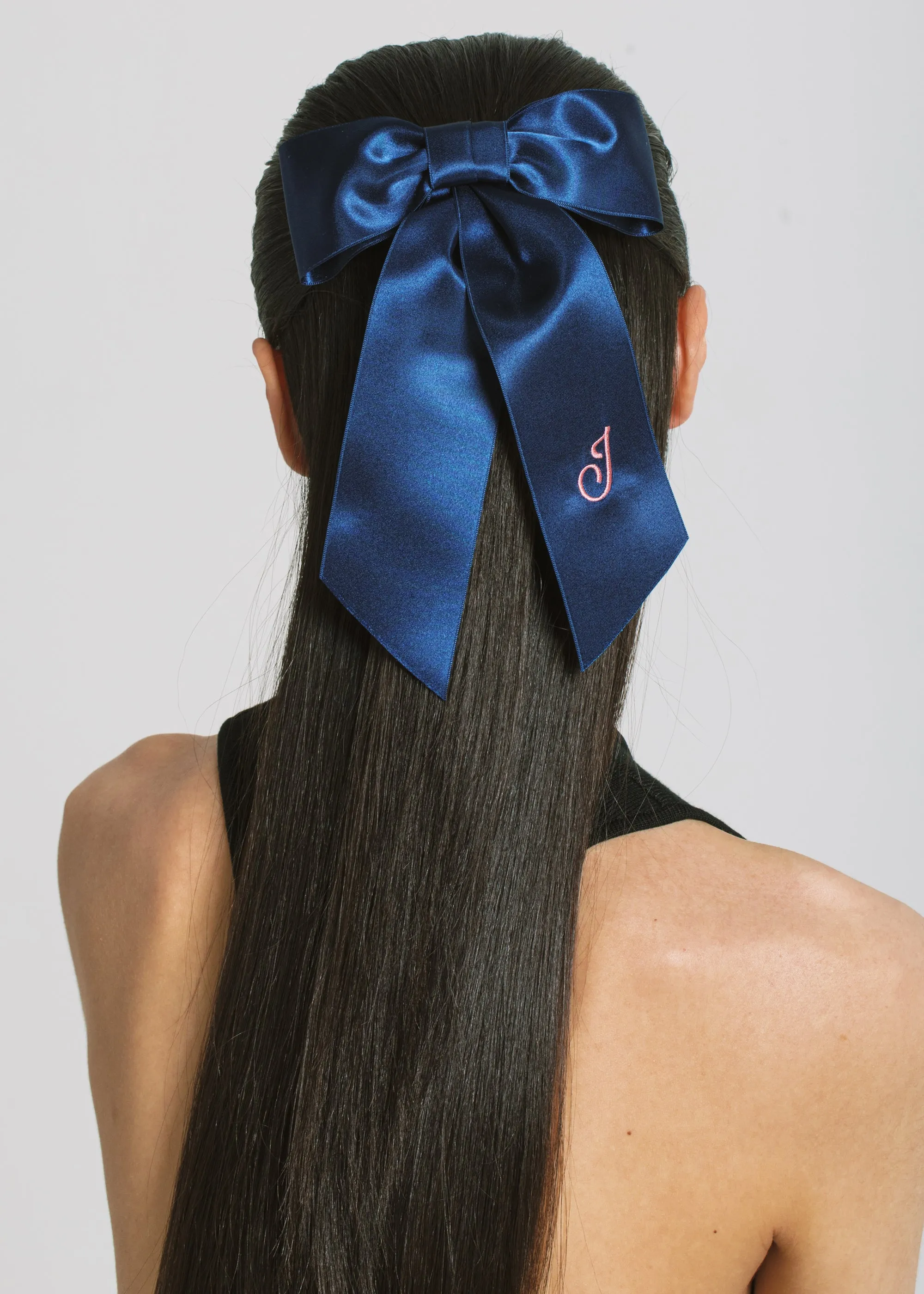 Initial April Satin Bow Barrette -- Navy