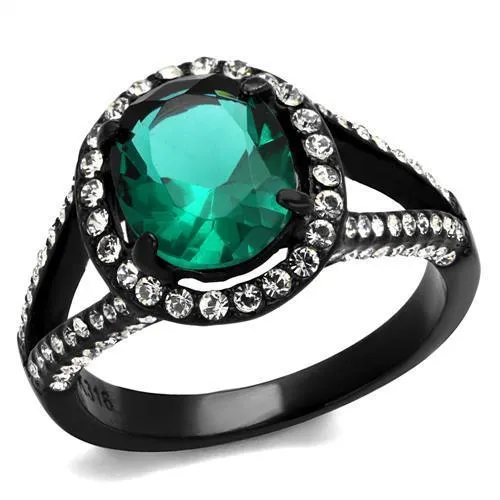 IP Black(Ion Plating) Stainless Steel Ring with Synthetic Synthetic Glass in Blue Zircon for Women Style TK2202