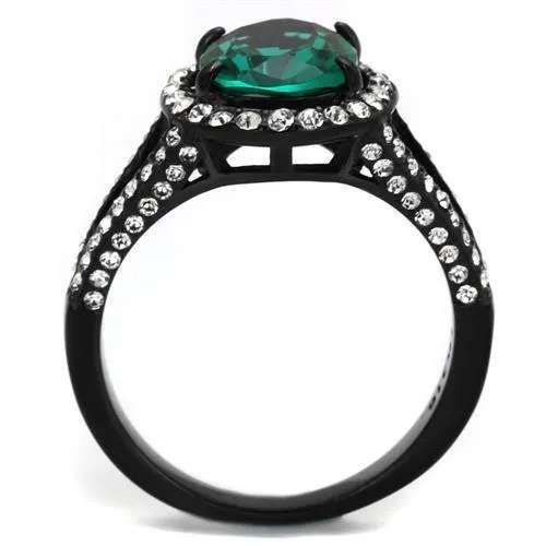 IP Black(Ion Plating) Stainless Steel Ring with Synthetic Synthetic Glass in Blue Zircon for Women Style TK2202