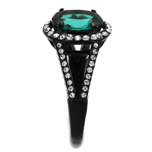 IP Black(Ion Plating) Stainless Steel Ring with Synthetic Synthetic Glass in Blue Zircon for Women Style TK2202