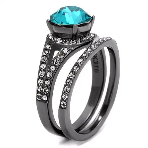 IP Light Black (IP Gun) Stainless Steel Ring with Top Grade Crystal in Blue Zircon for Women Style TK2744