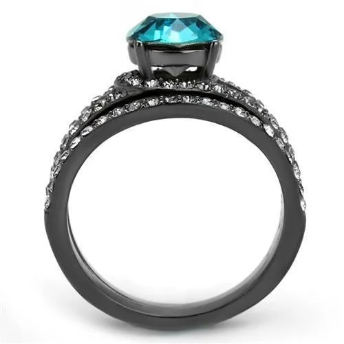 IP Light Black (IP Gun) Stainless Steel Ring with Top Grade Crystal in Blue Zircon for Women Style TK2744