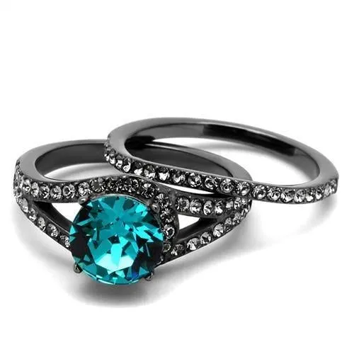 IP Light Black (IP Gun) Stainless Steel Ring with Top Grade Crystal in Blue Zircon for Women Style TK2744