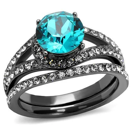 IP Light Black (IP Gun) Stainless Steel Ring with Top Grade Crystal in Blue Zircon for Women Style TK2744