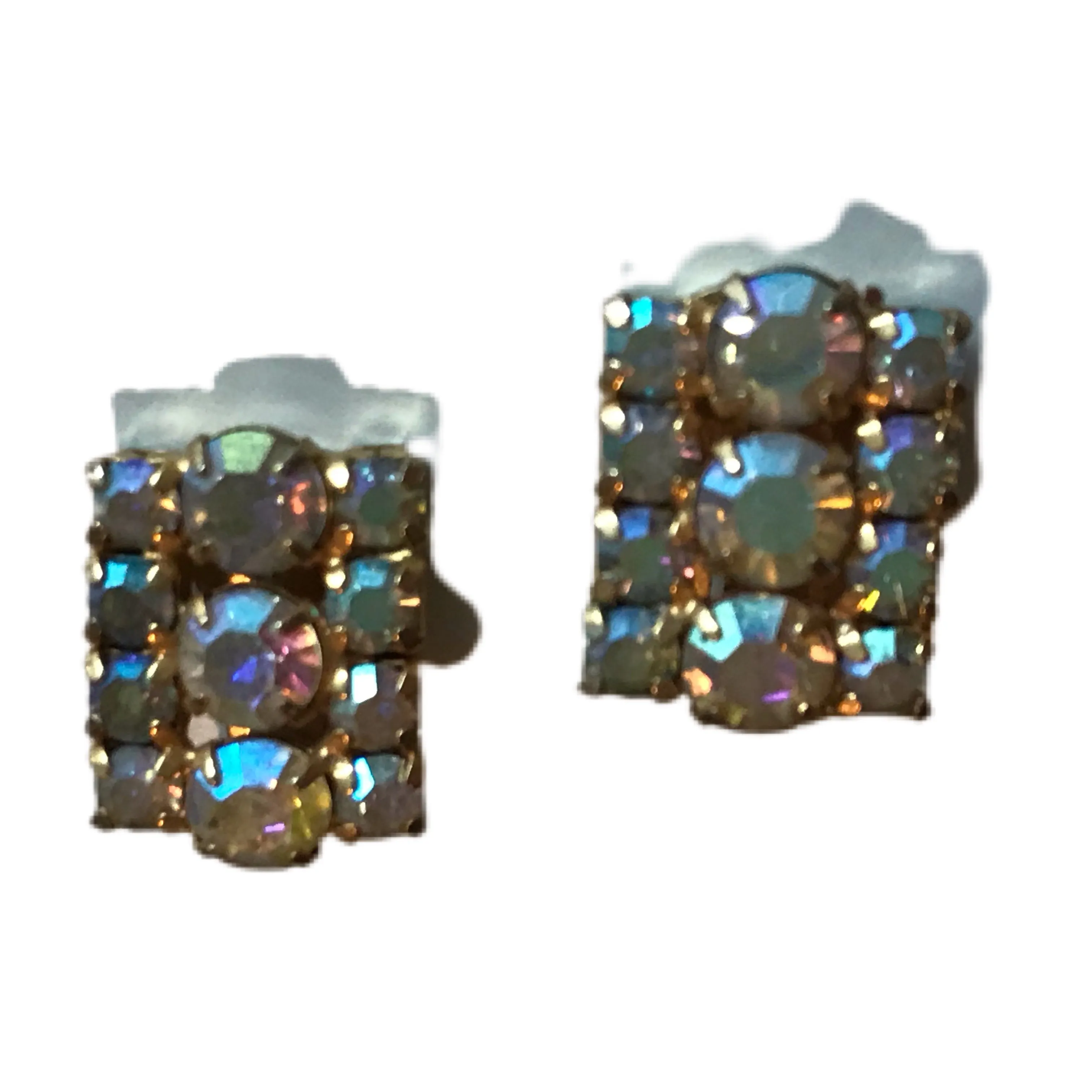 Iridescent Aurora Borealis Crystal Rectangle Clip Earrings circa 1960s