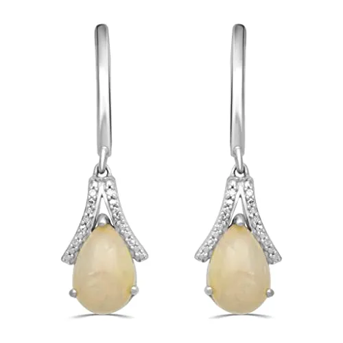 Jewelili Sterling Silver With Ethiopian Opal and White Diamonds Teardrop Drop Earrings