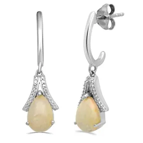 Jewelili Sterling Silver With Ethiopian Opal and White Diamonds Teardrop Drop Earrings