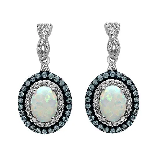 Jewelili Sterling Silver With Oval Created Opal and Blue Topaz and Created White Sapphire Dangle Earrings