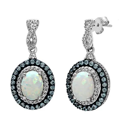 Jewelili Sterling Silver With Oval Created Opal and Blue Topaz and Created White Sapphire Dangle Earrings