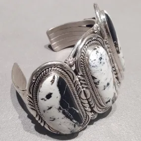 Joe Piaso Jr Navajo White Buffalo Sterling Silver Cuff - Handmade Native American