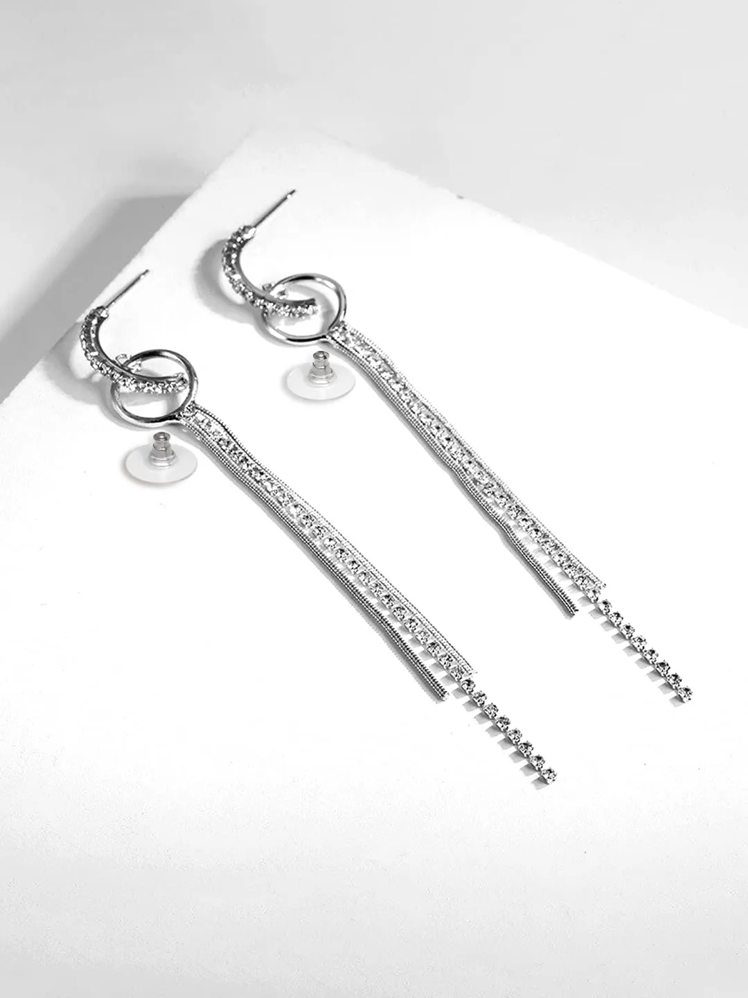 Kairangi Earrings for Women and Girls Silver Crystal Dangler Earrings | Silver Toned Long Chain Danglers Earrings for Women | Birthday Gift for girls and women Anniversary Gift for Wife