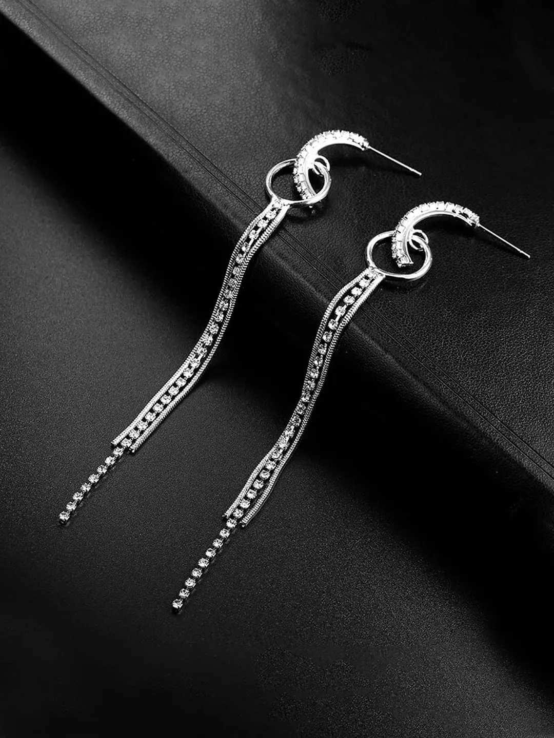 Kairangi Earrings for Women and Girls Silver Crystal Dangler Earrings | Silver Toned Long Chain Danglers Earrings for Women | Birthday Gift for girls and women Anniversary Gift for Wife