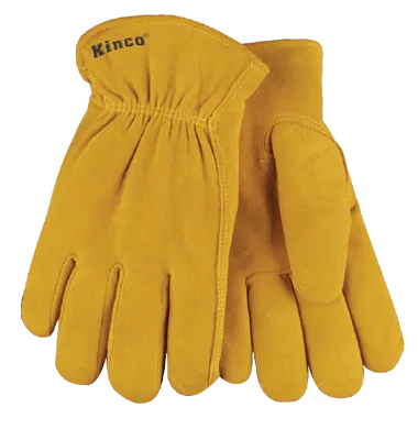 Kinco 903HK Golden Full Suede Deerskin Shirred Elastic Wrist Leather Hem Keystone Thumb Thermal Insulation Gloves (One Dozen)