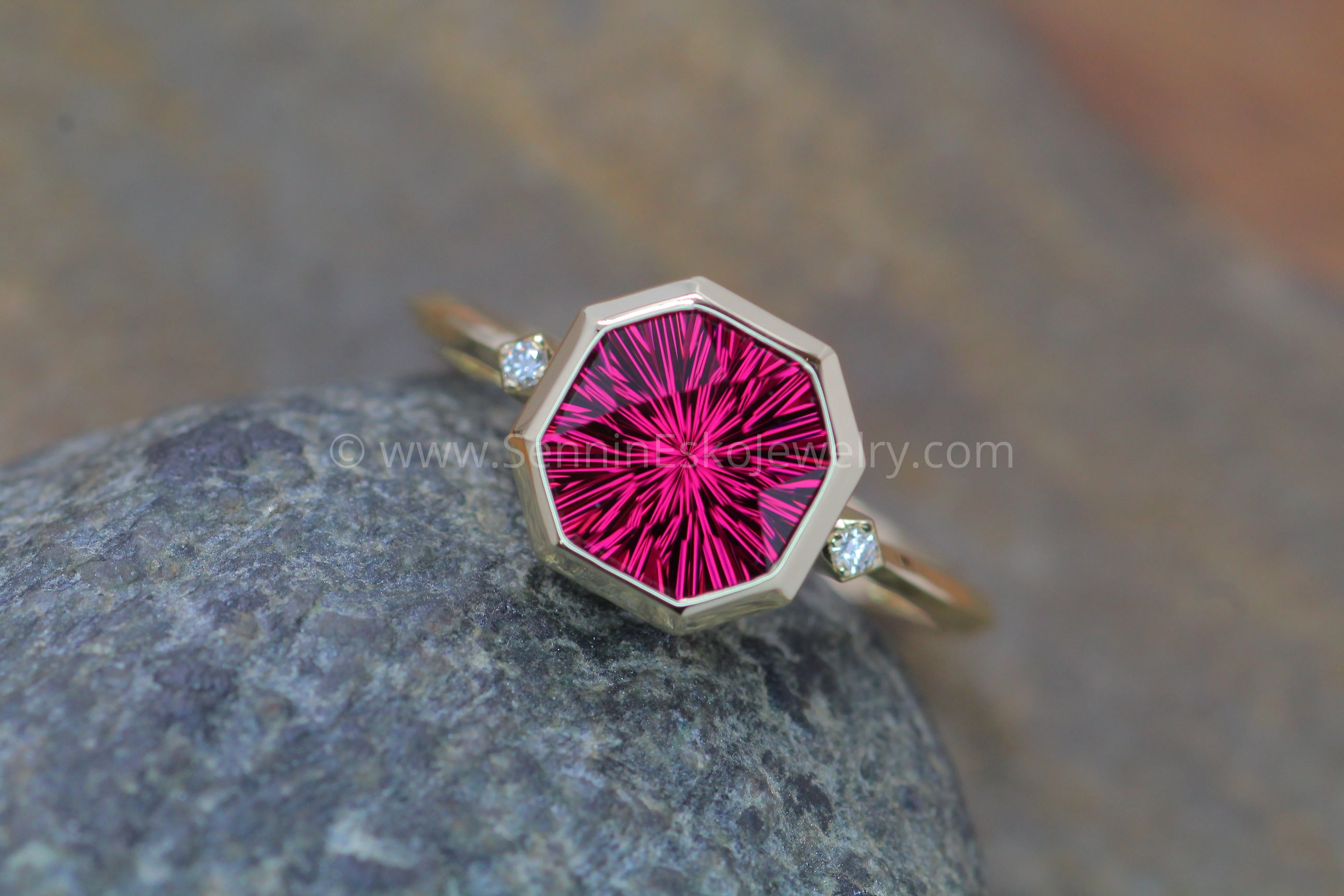 Knife Edge Bezel Set Ring with Small Diamond Accents - Depicted with a  3.3 Carat Rhodolite Garnet (Setting Only, Center Stone Sold Separately)