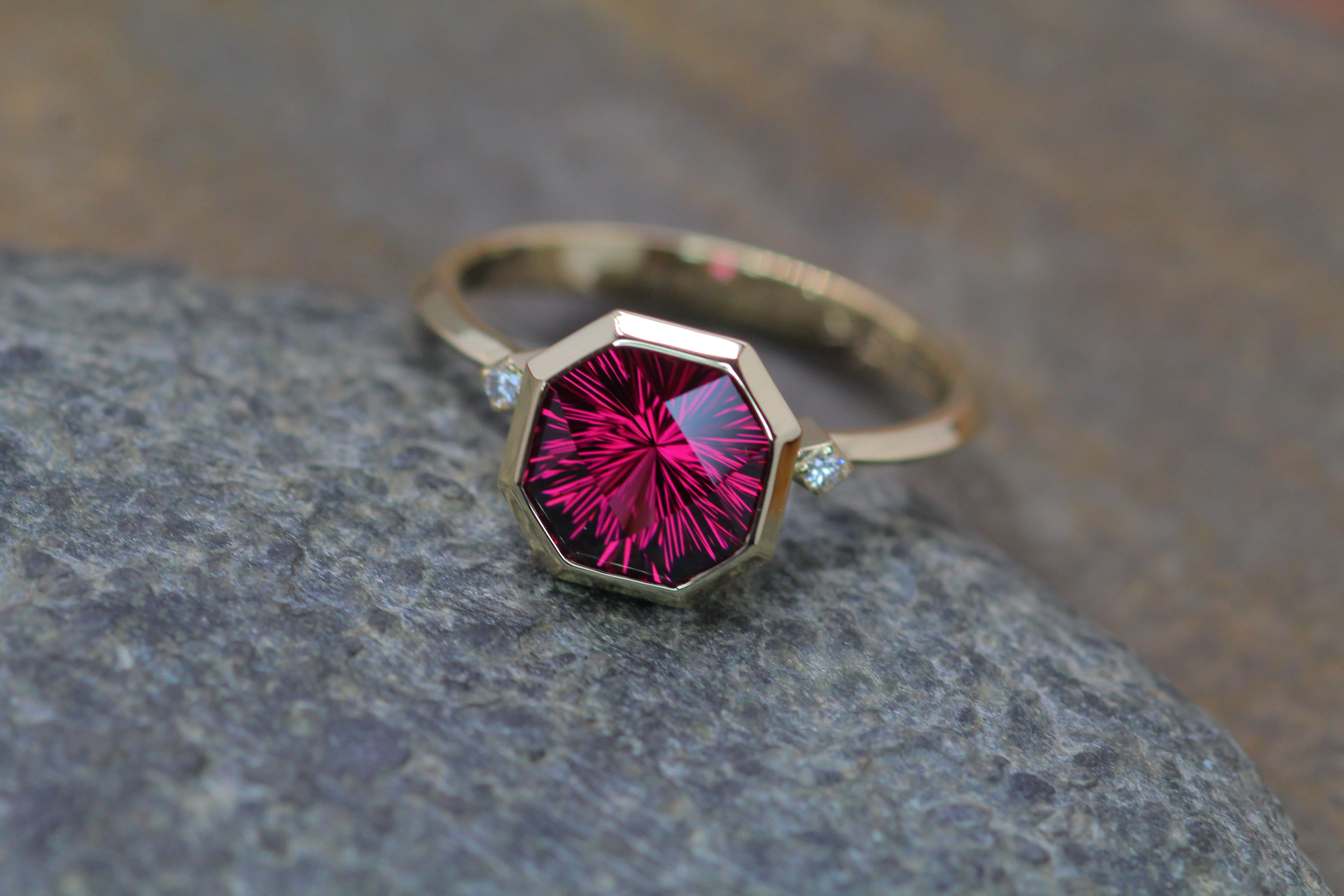 Knife Edge Bezel Set Ring with Small Diamond Accents - Depicted with a  3.3 Carat Rhodolite Garnet (Setting Only, Center Stone Sold Separately)