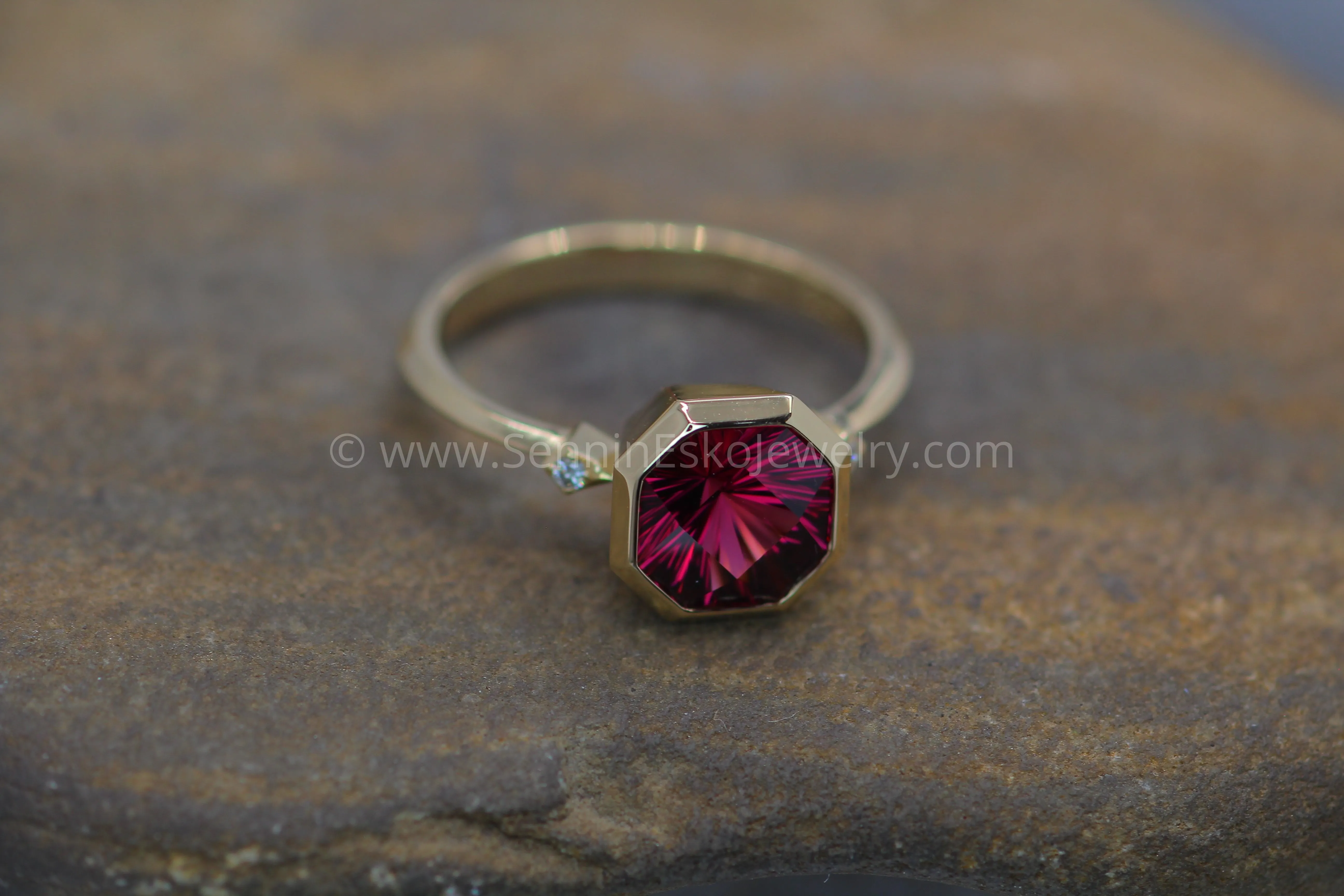 Knife Edge Bezel Set Ring with Small Diamond Accents - Depicted with a  3.3 Carat Rhodolite Garnet (Setting Only, Center Stone Sold Separately)