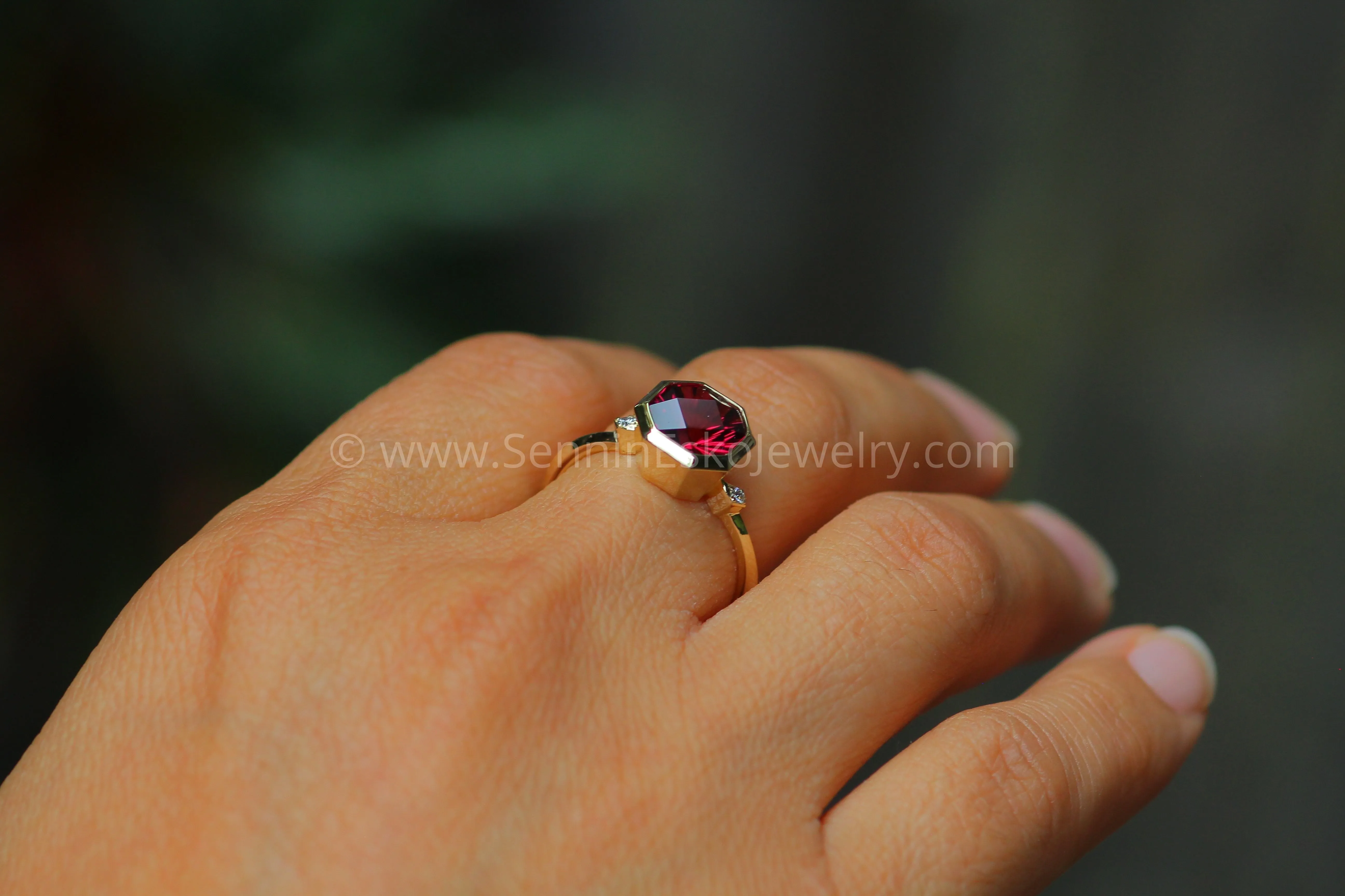 Knife Edge Bezel Set Ring with Small Diamond Accents - Depicted with a  3.3 Carat Rhodolite Garnet (Setting Only, Center Stone Sold Separately)