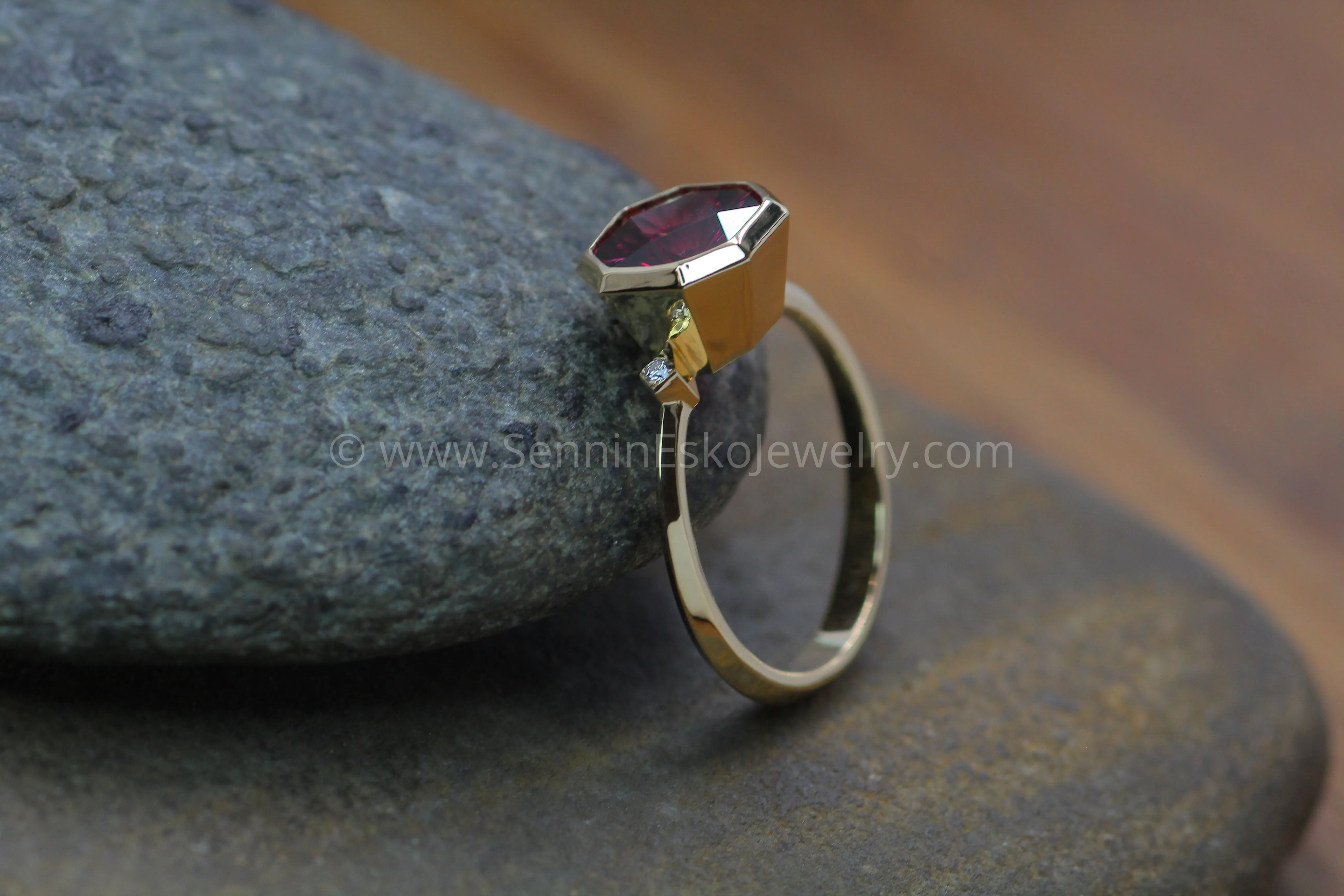 Knife Edge Bezel Set Ring with Small Diamond Accents - Depicted with a  3.3 Carat Rhodolite Garnet (Setting Only, Center Stone Sold Separately)