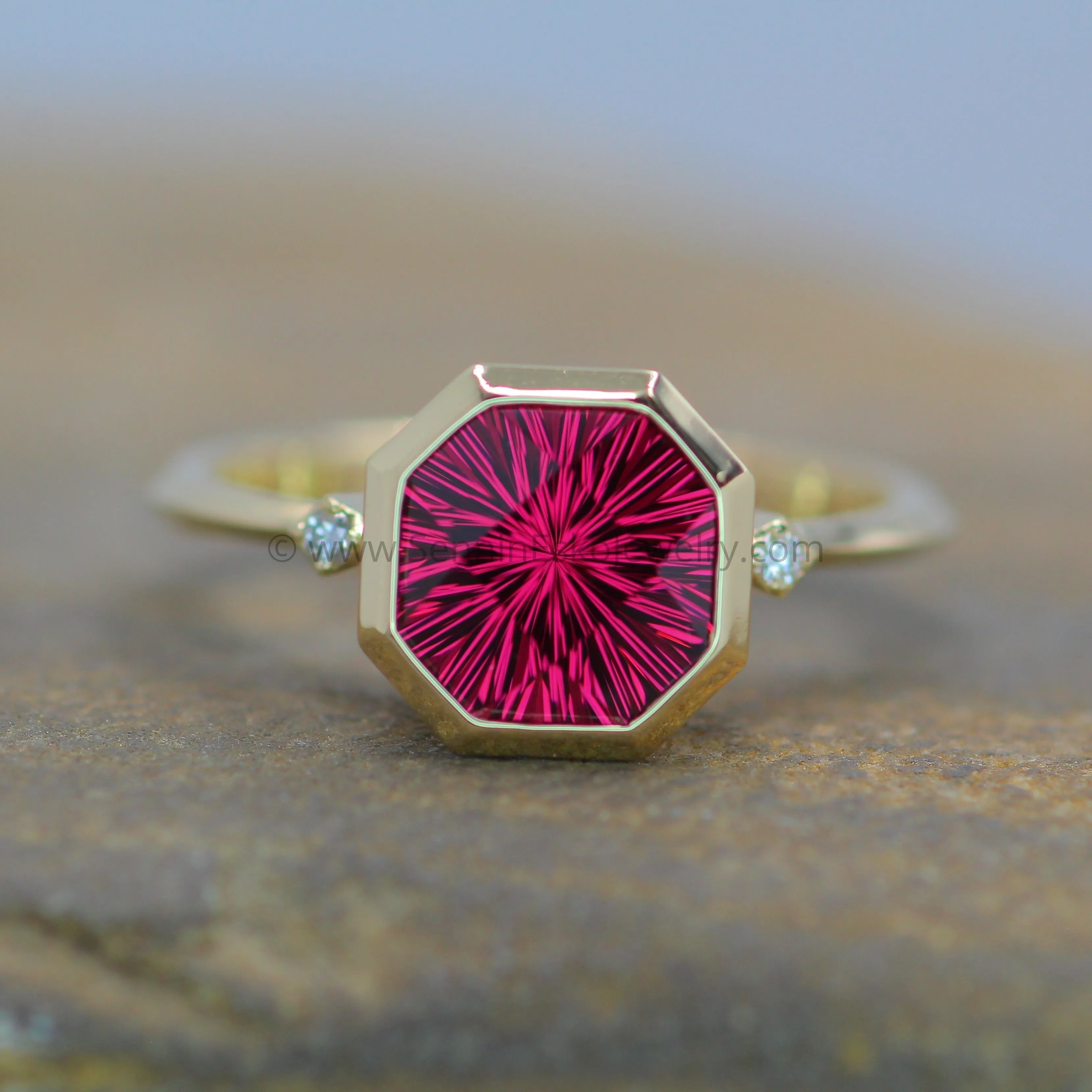 Knife Edge Bezel Set Ring with Small Diamond Accents - Depicted with a  3.3 Carat Rhodolite Garnet (Setting Only, Center Stone Sold Separately)