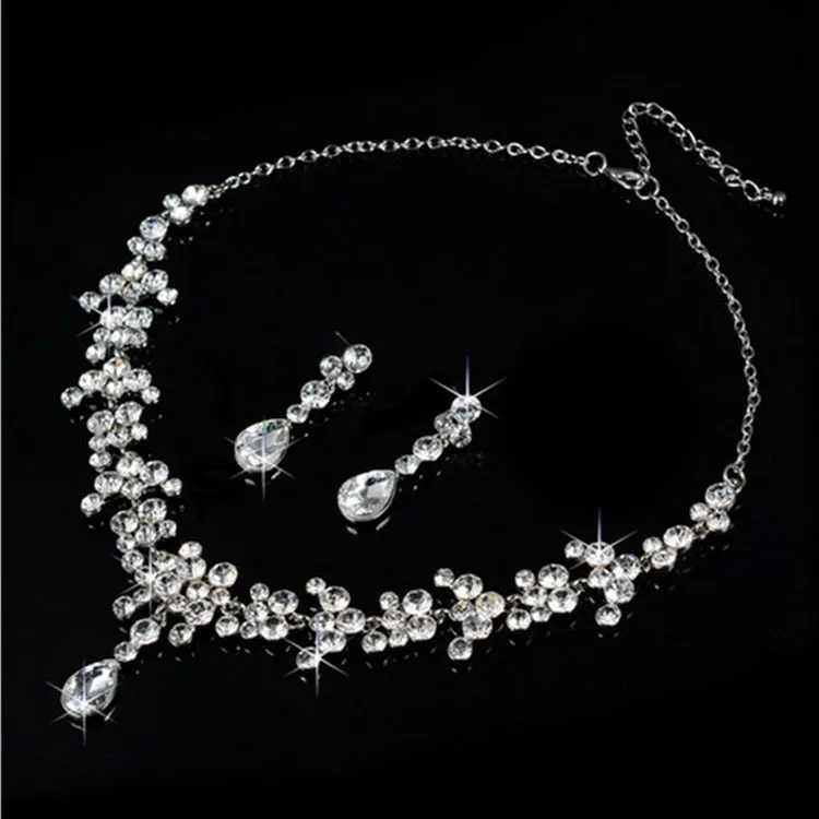 Korean Wedding Bride Female Diamond Necklace Earrings Set