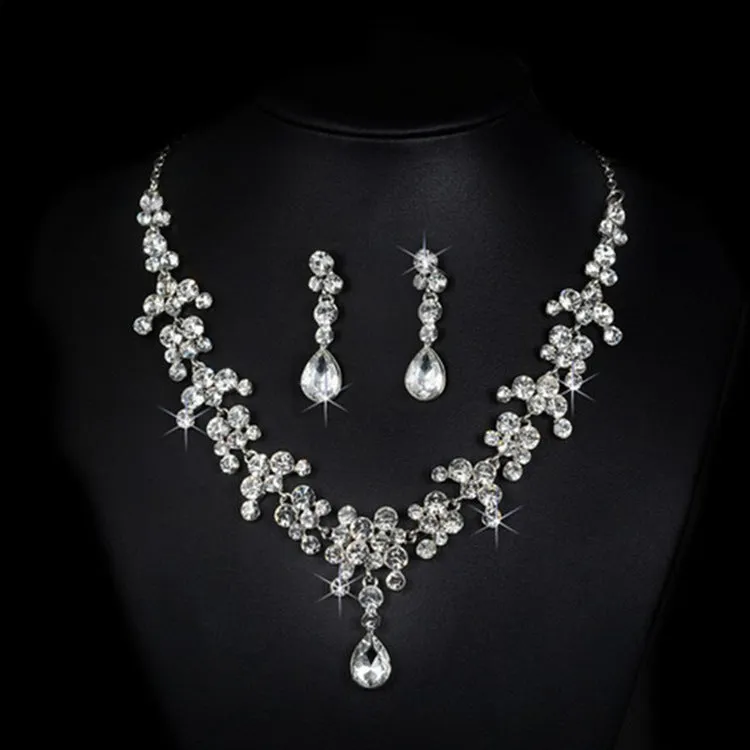 Korean Wedding Bride Female Diamond Necklace Earrings Set