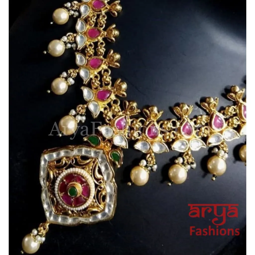 Kundan Meenakari Necklace with Golden Pearl Drops