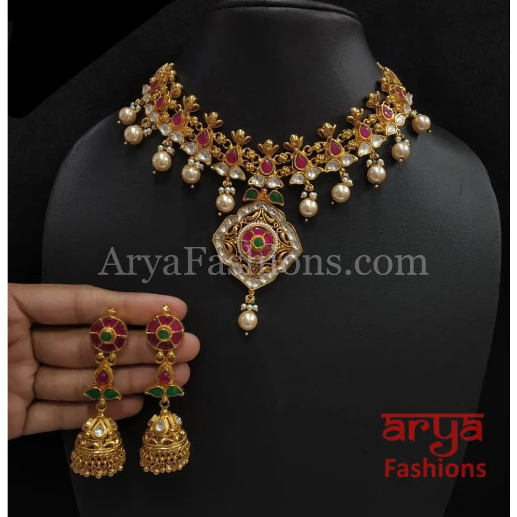 Kundan Meenakari Necklace with Golden Pearl Drops