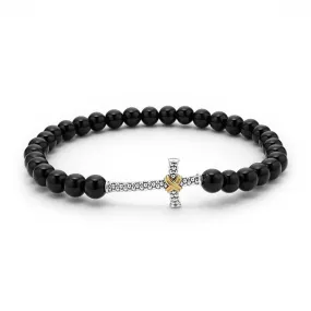 LAGOS Anthem Onyx Cross Beaded Stretch Bracelet in Sterling Silver and 18K Yellow Gold