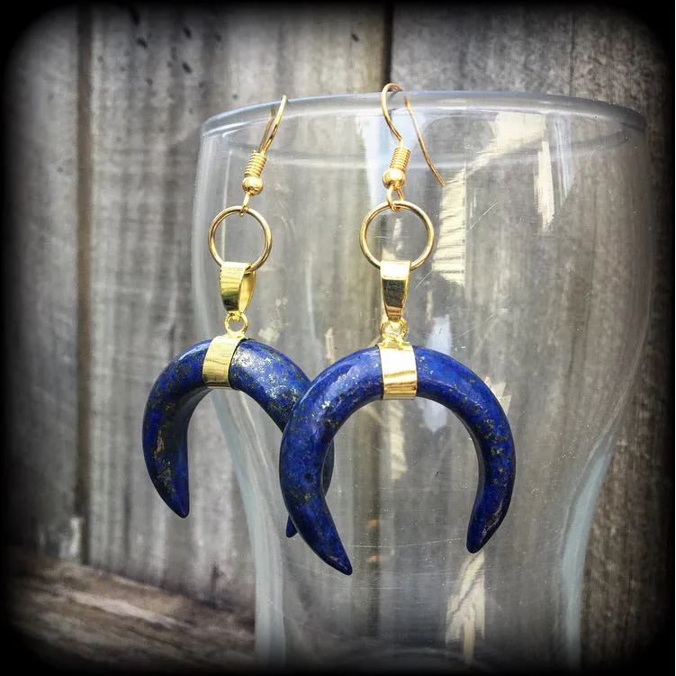 Lapis Lazuli double horn earrings-Gemstone earrings