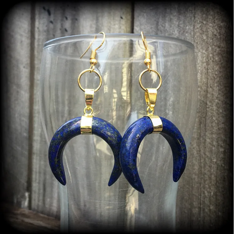 Lapis Lazuli double horn earrings-Gemstone earrings