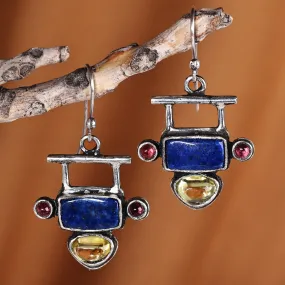 Lapis Lazuli Garnet and Synthetic Sapphire Dangle Earrings - Geometric Space | NOVICA