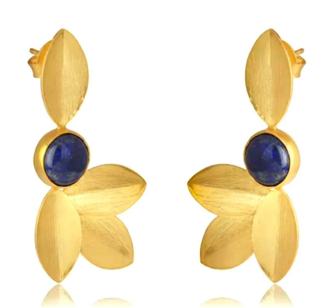 Lapis Lazuli Gemstone Leaf Design 22k Brushed Gold Vermeil Statement Earrings 2"