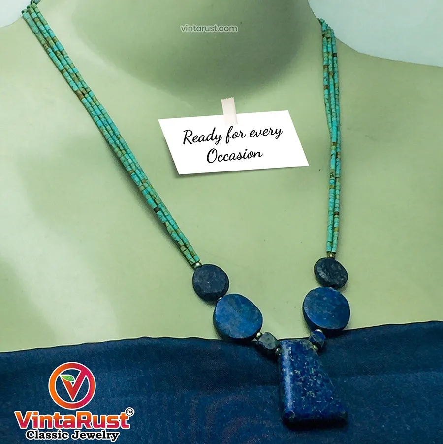 Lapis Stone Necklace With Turquoise Beaded Layered Chain