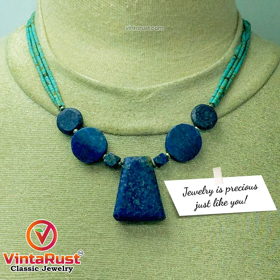 Lapis Stone Necklace With Turquoise Beaded Layered Chain