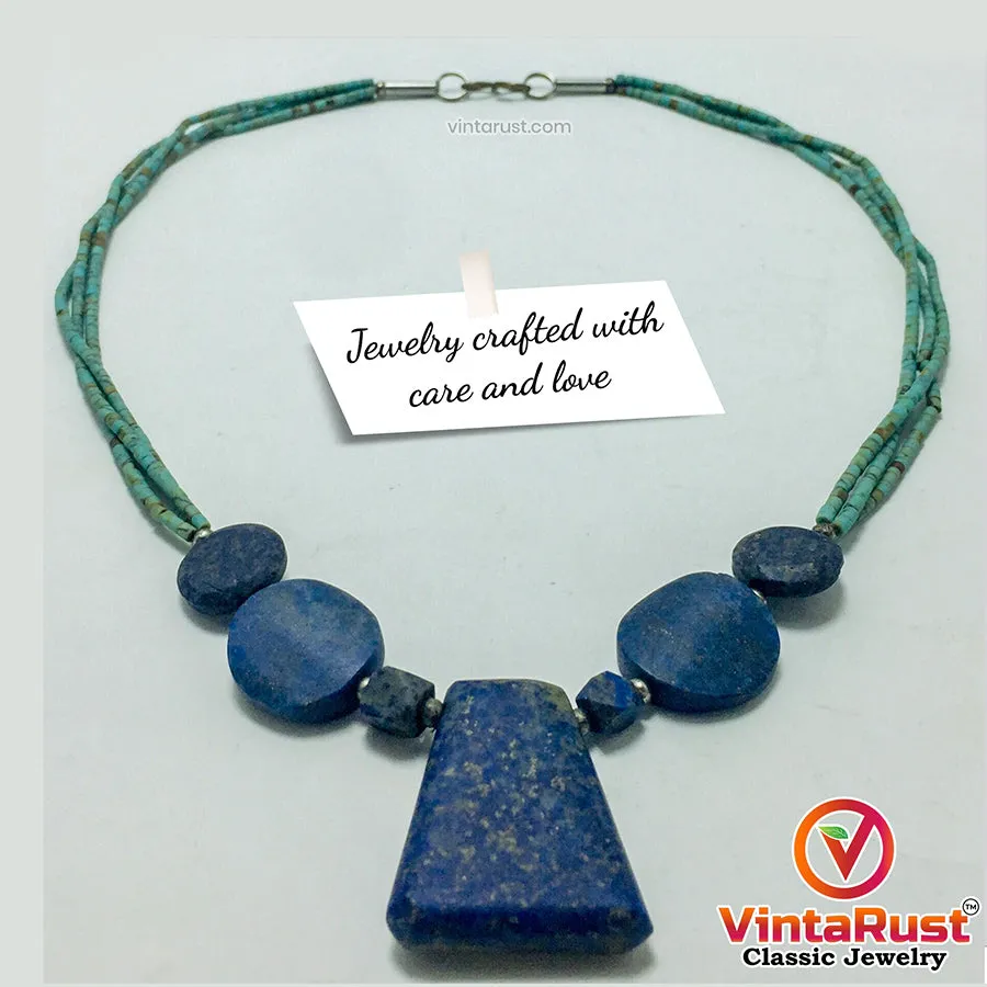 Lapis Stone Necklace With Turquoise Beaded Layered Chain